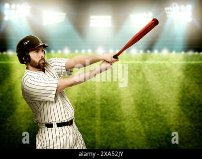 Professioneller Baseballspieler mit Schläger im Stadion Stockfoto