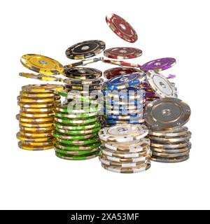 Stapelt Poker Chips Diamanten verschiedene Farben isolierter Hintergrund Stockfoto