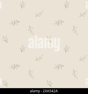 Nahtloses Hintergrundmuster des botanischen Zweigs-Vektors. Hintergrund mit Herbststämmen. Neutrales, warmes Ecru-Beige-Design. Verstreute Zweige wiederholen sich. Erdig Stock Vektor