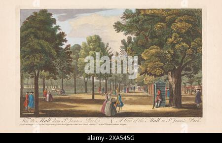 Ein gedruckter Farbstich des Einkaufszentrums im St James Park London im Jahr 1751, Herausgeber Robert Sayer Printer, war Thomas Bowles Skyline und historische Perspektive aus der historischen Perspektive und gravierte Aquarellfarbe alte antike Drucke Stockfoto