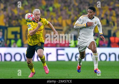 Julian Ryerson (L) von Borussia Dortmund und Jude Bellingham (R) von Real Madrid im UEFA Champions League-Finale 2024 zwischen Dortmund und Real Madrid im Wembley-Stadion. Endpunktzahl: Dortmund 0:2 Real Madrid. (Foto: Tommaso Fimiano / SOPA Images/SIPA USA) Stockfoto