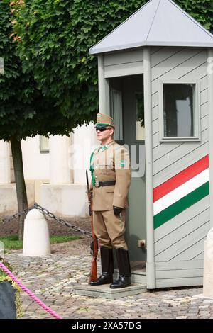 Budapest, Ungarn, 21-05-24. Ein ungarischer Soldat steht im Wachdienst vor der Residenz des Präsidenten auf dem Burgberg. Das Schloss ist offen für den Pub Stockfoto