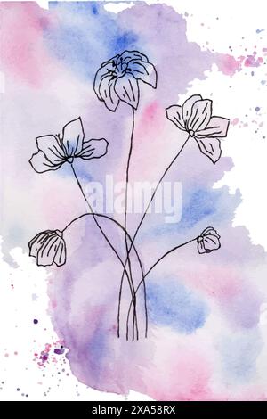 Hand gezeichnete Blumen auf dem Hintergrund von Aquarellflecken Blume Aquarell Kunst Hintergrund Stockfoto