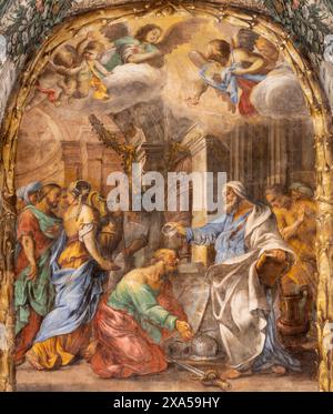 PERUGIA, ITALIEN - 18. MAI 2024: Das barocke Fresko der Taufe des Apostels St. Paul in der Kirche Chiesa di San Ercolano von Giovanni Andrea Carlone Stockfoto