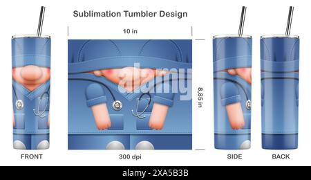 Lustige Krankenschwester-Zeichentrickfigur. Nahtlose Sublimationsschablone für dünnen 20-ml-Becher. Sublimationsdarstellung. Nahtlos von Kante zu Kante. Stockfoto