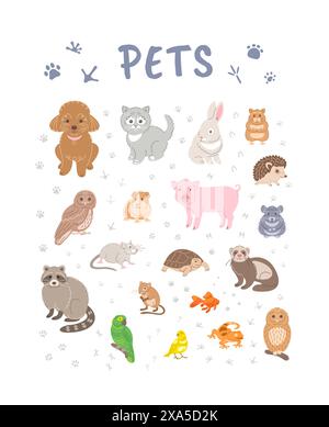 Haustiere kritzeln handgezeichnete Charaktere. Niedliche, entzückende, lächelnde Tiere im linearen Cartoon-Stil. Hund, Katze, Häschen, Hamster, Ratte, Papagei, kanarienvogel, Meerschweinchen, g Stock Vektor