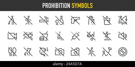 Symbole für Verbotssymbole. Skateboard, Stand, Angeln, Flash Not, Forbidden, Kein Alkohol, Trinkwasser, Drohne, Droge, Eintritt, Essen, Lärm, Haustiere, Selfie Stock Vektor