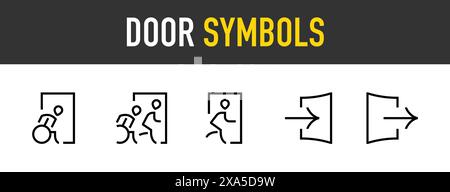 Türsymbole. Symbol für barrierefreien Ausgang, Notfall, Eingangsvektor. Bearbeitbare Kontur. Stock Vektor