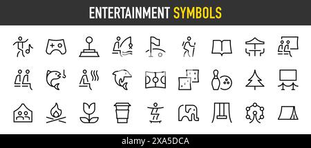 Symbole für Entertainment-Symbole. Vergnügungspark, Aquarium, Auditorium, Bowling, Kasino, Café-Bar, Angeln, Galerie, Garten, Golf, Wandern, Bibliothek, Park Stock Vektor