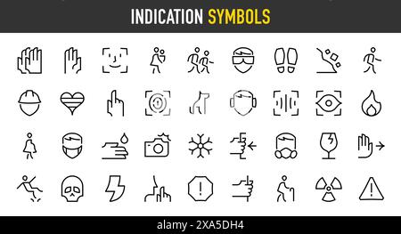 Symbole für Anzeigesymbole. Warnung, Gefahr, Ältere Menschen, Gesichtsscan, Fallende Felsen, Fingerabdruck, Brandgefahr, Blitz, Blitz, Spannung, Schule, lgbt. Stock Vektor