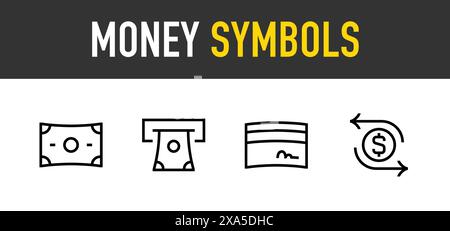 Symbole für Geldsymbole. Symbol für Geldautomat, Karte, Währungsumtausch. Bearbeitbare Kontur. Stock Vektor