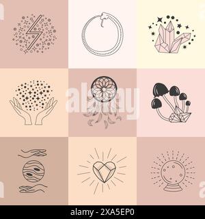 Set aus magischen Symbolen, himmlisches nahtloses Muster. Astrologische, magische und esoterische Symbole. Stock Vektor