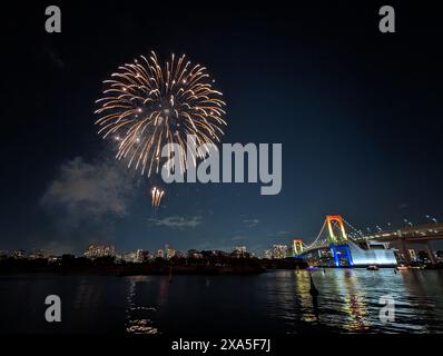 Ein malerischer nächtlicher Blick auf das Feuerwerk in der Bucht von Tokio und die Regenbogenbrücke in Odaiba, Tokio, Japan Stockfoto