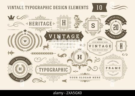 Vintage typografische Design Elemente setzen Vektor-Illustration. Etiketten und Abzeichen, Retro-Bänder, luxuriöse, verzierte Logosymbole, kalligraphische Wirbel, Flouri Stock Vektor