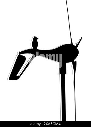 Digitale Illustration eines Windgenerators mit einem Vogel auf der Oberseite, um die Harmonie der Natur mit umweltfreundlicher Technologie zu symbolisieren. Isoliert auf weiß Stockfoto