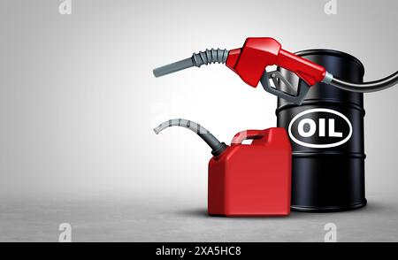 Hintergrund für Öl und Gas und steigende Benzinpreise oder Erdöl steigen als Energiekonzept mit einem Treibstoffpumpengastank und einem Fass als fossilem Brennstoff in Stockfoto