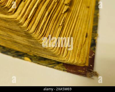 Ein geöffnetes altes Buch mit freigelegten Seiten auf dem Tisch Stockfoto