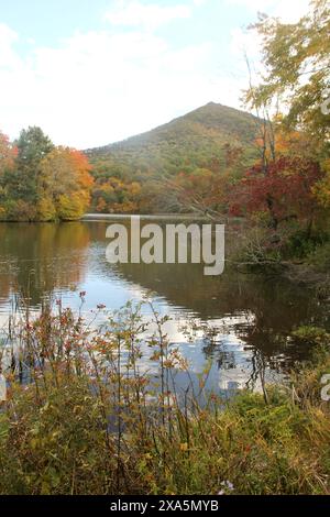 Blue Ridge Parkway, Virginia, USA. Blick auf Abbott Lake und Sharp Top im Herbst. Stockfoto