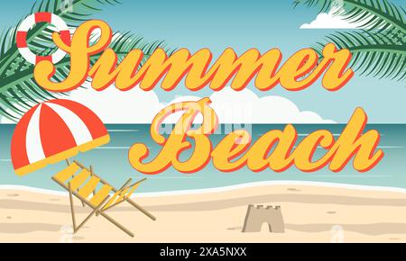 Tropische Strandszene mit Summer Beach Text, Urlaubs- oder Entspannungskonzept Stock Vektor