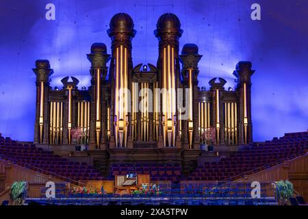 Die berühmte Pfeifenorgel im Tabernacle am Temple Square in Salt Lake City, Utah. Stockfoto