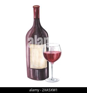 Flasche und Glas Rotwein Aquarell Illustration. Handgezeichnet isoliert auf weißem Hintergrund. Für Restaurant, Café, Design, Menü. Stockfoto