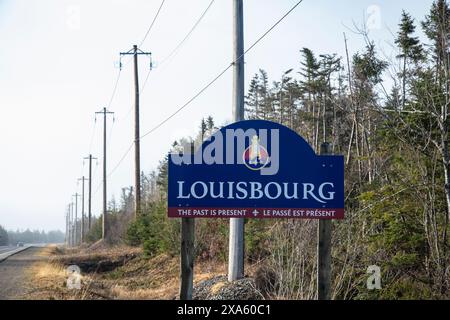 Willkommen im Louisbourg-Schild in Nova Scotia, Kanada Stockfoto
