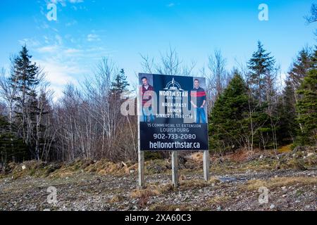 Willkommen im North Star Resort-Schild in Louisbourg, Nova Scotia, Kanada Stockfoto
