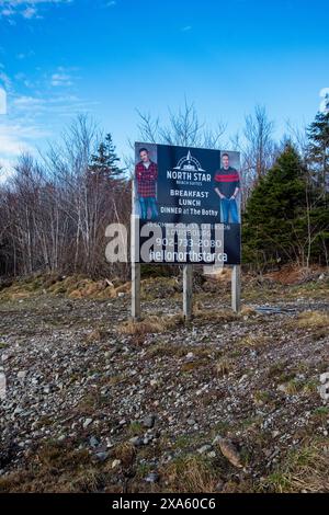 Willkommen im North Star Resort-Schild in Louisbourg, Nova Scotia, Kanada Stockfoto