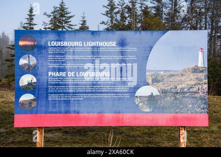 Leuchtturmschild Louisbourg in Nova Scotia, Kanada Stockfoto