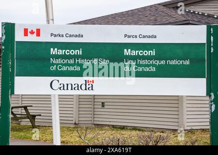 Parks Canada Marconi National Historic Site Schild in Glace Bay, Nova Scotia, Kanada Stockfoto