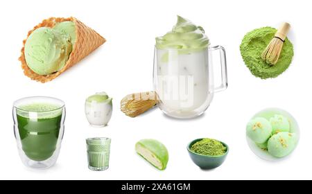 Set mit Matcha-Getränken und Desserts auf weißem Hintergrund Stockfoto