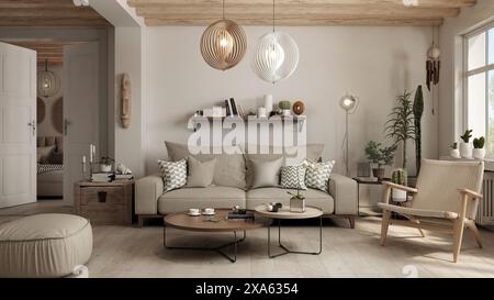 Die Inneneinrichtung des Wohnzimmers ist auf eklektische Weise gestaltet und kombiniert skandinavische, Japandi- und Boho-Stile. Holz und gewebte Stoffe bilden ein zusammenhängendes Ganzes. Stockfoto