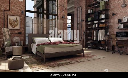 Loft Schlafzimmer innen, mit dem Bett in der Mitte und dem Wohnzimmer im Hintergrund. Industrielles Design mit großen Dachfenstern und rohen Ziegeln. Stockfoto