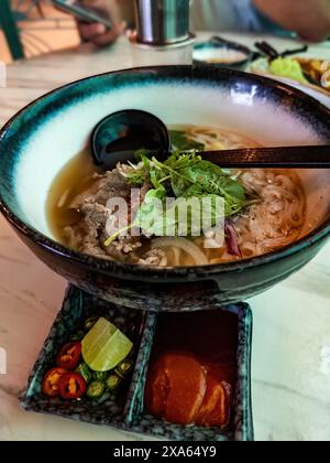 Vietnamesische Nudel serviert mit großem Löffel. Stockfoto