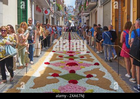 Sitges, Barcelona, Spanien – 03. Juni 2024: Kulturelle Tradition in einem Bild, in dem die Einheimischen ihre Straße mit lebhaften Blumenmotiven dekorieren Stockfoto