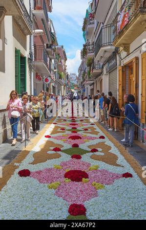 Sitges, Barcelona, Spanien - 03. Juni 2024: Eine europäische Straße, die während eines lokalen Festivals von einem Blumenschmuck umgestaltet wurde, umgeben von Zuschauern und tr Stockfoto