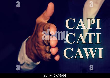 Nahaufnahme eines Handschüttelns mit dem Begriff "CAPI CATI CAWI"-Konzept verschiedener C0MPUTER-GESTÜTZTER INTERVIEWS. Stockfoto