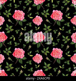 Nahtloses Muster mit Blumen und Blättern. Handgezeichneter Hintergrund. blumenmuster für Tapeten oder Stoff. Blumenrose. Stockfoto