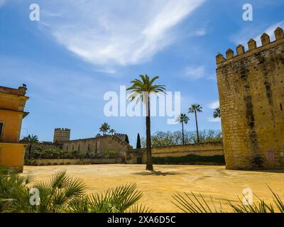 Zwei hohe Türme, flankiert von kleineren Türmen, eingebettet zwischen Palmen in Alcazar Jerez de la Frontera, Andalusien, Spanien Stockfoto