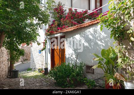 Malerische, sonnendurchflutete Gasse mit einem traditionellen mediterranen Dorfhaus, das mit lebhaften Blumen geschmückt ist. Laneia Dorf. Bezirk Limassol, Zypern Stockfoto