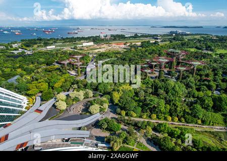 Aus der Vogelperspektive sehen Sie die hoch aufragenden Superbäume der Gärten an der Bucht in Singapur und die Schiffe auf der Singapore Straight in der Ferne Stockfoto