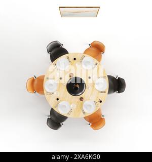 Eine 3D-Darstellung einer Draufsicht auf einen Tisch mit Weinflasche und vier Stühlen. Stockfoto