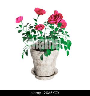 Ein 3D-Rendering von rosa Rosen in einem Blumentopf auf weißem Hintergrund. Stockfoto