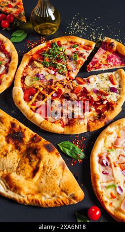 Vier Mini-Pizzen mit Käse und Oliven auf einem Tisch Stockfoto