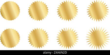 Set mit goldenen Kreisaufklebern mit gewellten Rändern. Wiggly rund glänzende Etiketten, Abzeichen, Preisschilder, Stempel, Verkaufsangebote isoliert auf weißem Hintergrund. Realistische Vektordarstellung. Stock Vektor