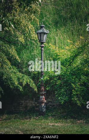 Eine Lampe gegen eine gemauerte Mauer mit Bäumen im Hintergrund Stockfoto