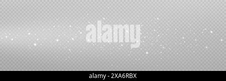 Silberstaubeffekt. Leichte Spur mit Glitzer und Sternen. Magische Welle mit Partikeln. Weihnachtliches weißes Licht. Wunderschöne funkelnde Elemente. Stardust-Einrichtung Stock Vektor