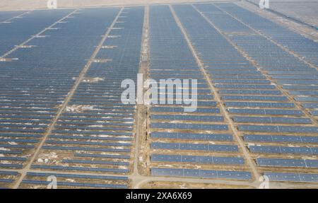 Ein Blick aus der Luft auf riesige Solarpaneele auf einer texanischen Farm Stockfoto