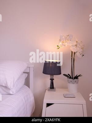 Ein weißes Bett und Lampe in einem gemütlichen Schlafzimmer. Stockfoto