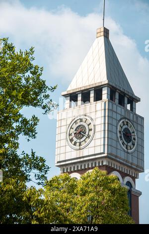 Ein Uhrenturm mit Doppeluhren, umgeben von Bäumen unter einem klaren blauen Himmel Stockfoto